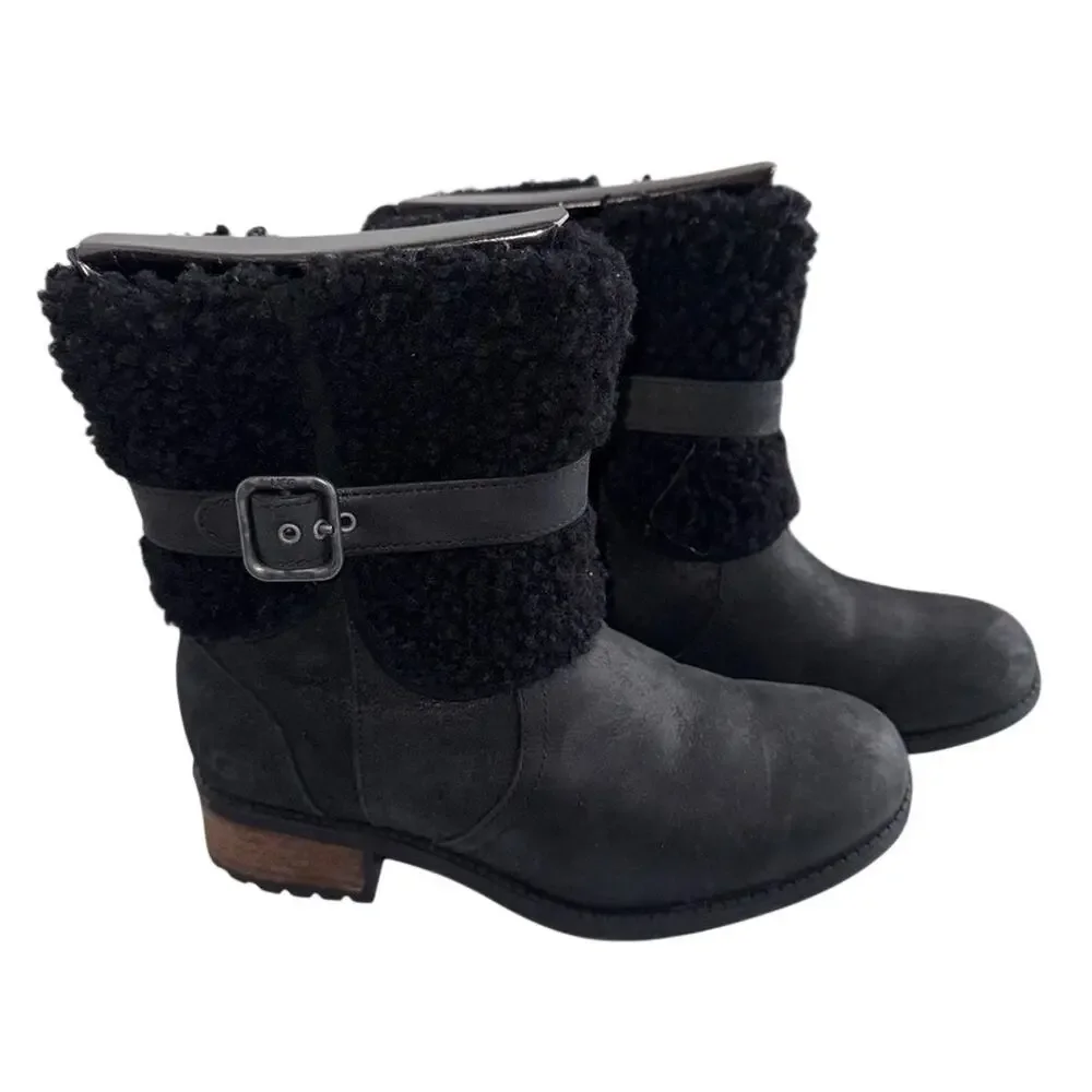 NIB UGG Blayre Black Shearling-Trim Mid-Calf Women's Boots